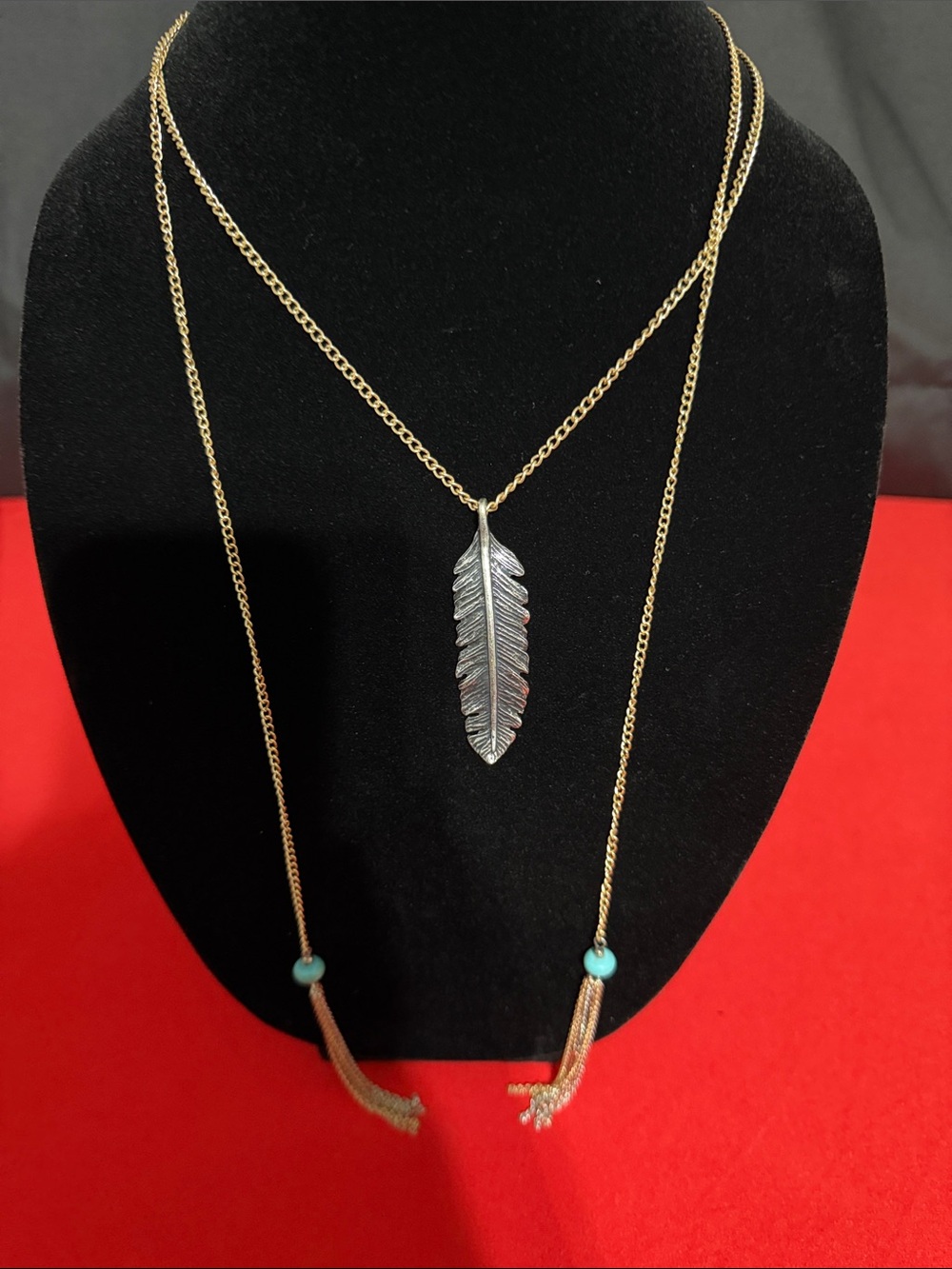 Gold Layered Feather Necklace with Turquoise Bead Accents